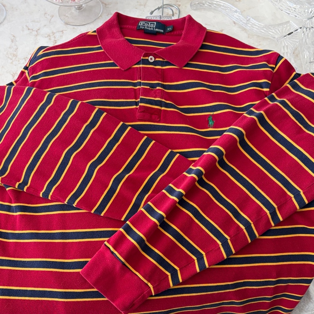 Polo by Ralph Lauren Men's Burgundy and Yellow long sleeve Striped Polo